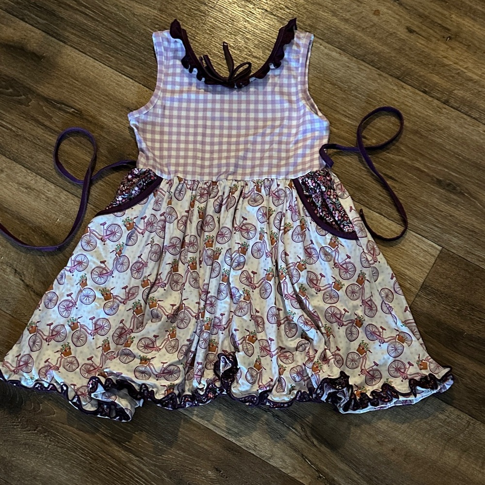 Cheeky Plum Lavender Gingham Dress with Bicycle Motif